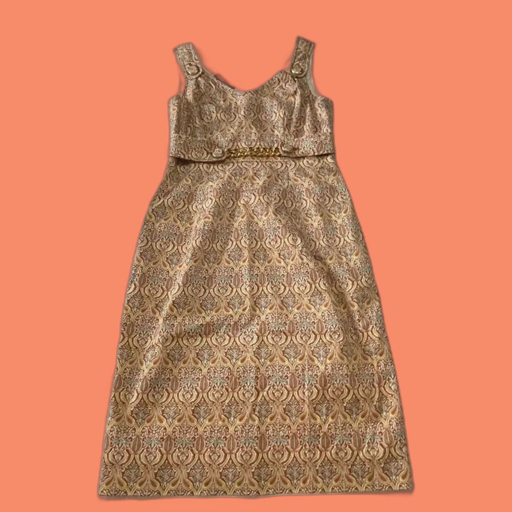 Etcetera Paisley Print V-Neck Sheath Dress - Size 2 - Gold Chain Detail